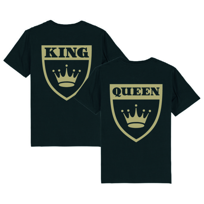 Partnerlook - T-Shirt für Paare - King Queen Wappen Gold Couple Unisex Shirt schwarz
