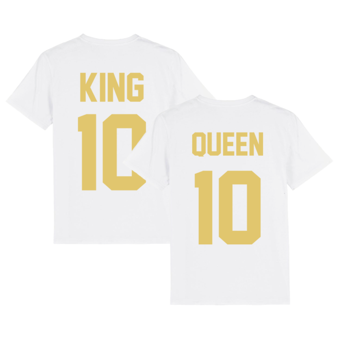 Partnerlook - T-Shirt für Paare - King Queen Wunsch Nummer Gold Edt. Couple Unisex Shirt Weiß