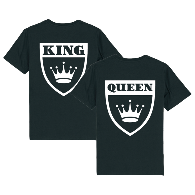 Partnerlook - T-Shirt für Paare - King Queen Wappen White Couple Unisex Shirt schwarz